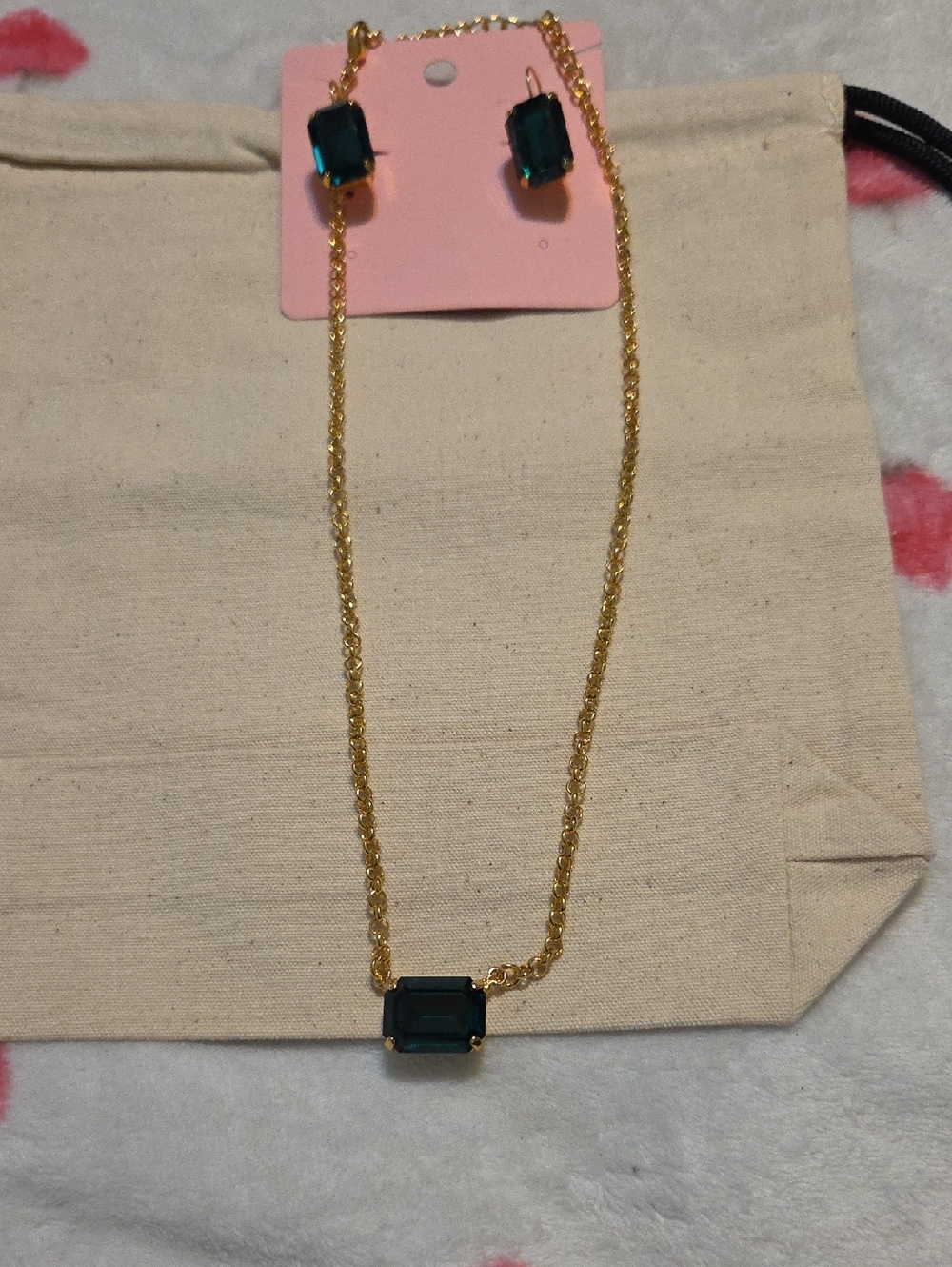 Gold Chain Necklace and Earrings Set with Dark Green Gemstones